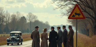 Groupe d'hommes et femmes devant panneau de sécurité routière années 50