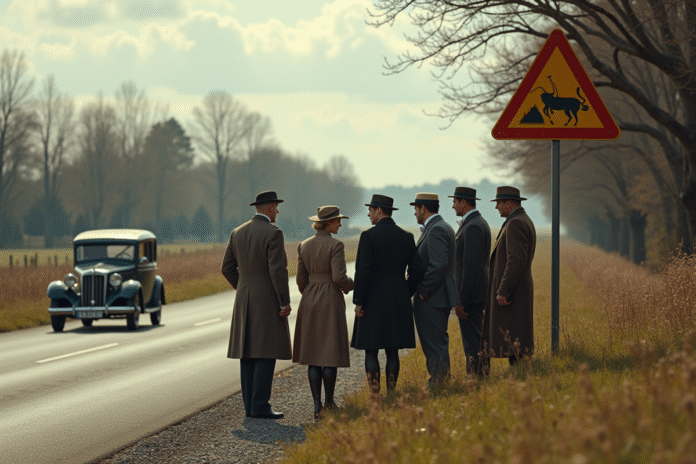 Groupe d'hommes et femmes devant panneau de sécurité routière années 50