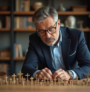 Comparatif des meilleures marques de 50 croix homologuées Homme d'âge moyen examinant des croix certifiées sur une table