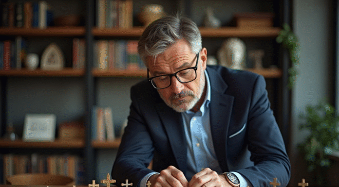 Comparatif des meilleures marques de 50 croix homologuées Homme d'âge moyen examinant des croix certifiées sur une table