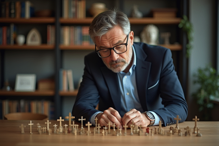 homme-analysant-crosses Homme d'âge moyen examinant des croix certifiées sur une table