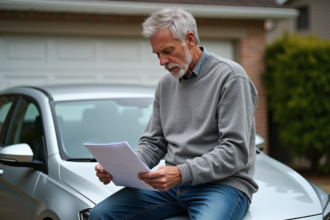 Homme d'âge moyen examinant des documents d'assurance devant sa voiture