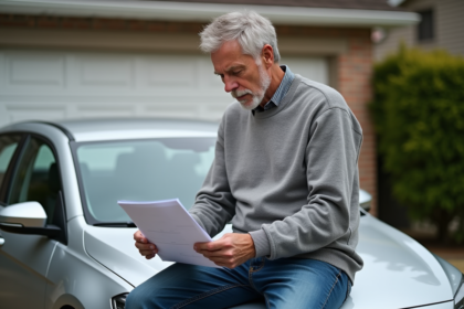 Homme d'âge moyen examinant des documents d'assurance devant sa voiture
