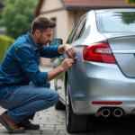 Homme attachant une plaque d'immatriculation française sur une voiture