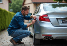 Homme attachant une plaque d'immatriculation française sur une voiture