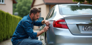 Homme attachant une plaque d'immatriculation française sur une voiture