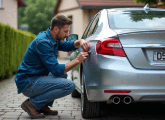 Homme attachant une plaque d'immatriculation française sur une voiture
