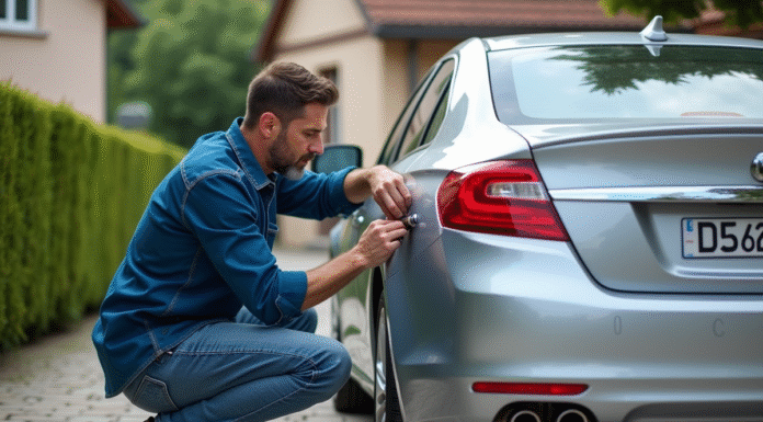 Homme attachant une plaque d'immatriculation française sur une voiture