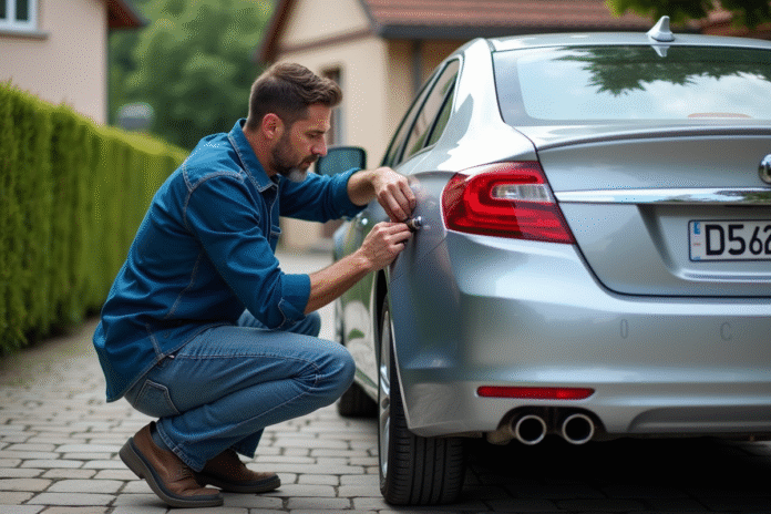 Homme attachant une plaque d'immatriculation française sur une voiture