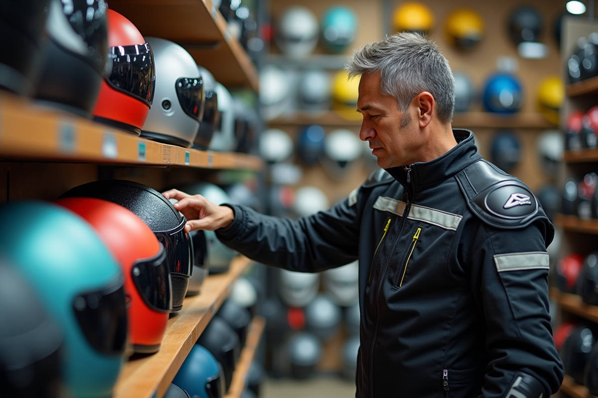 Homme choisissant un casque de moto dans un magasin