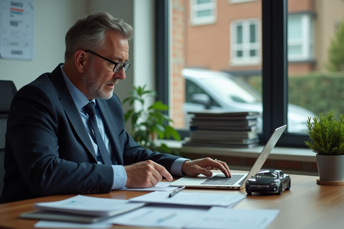 Homme d affaires examinant contrat d assurance voiture