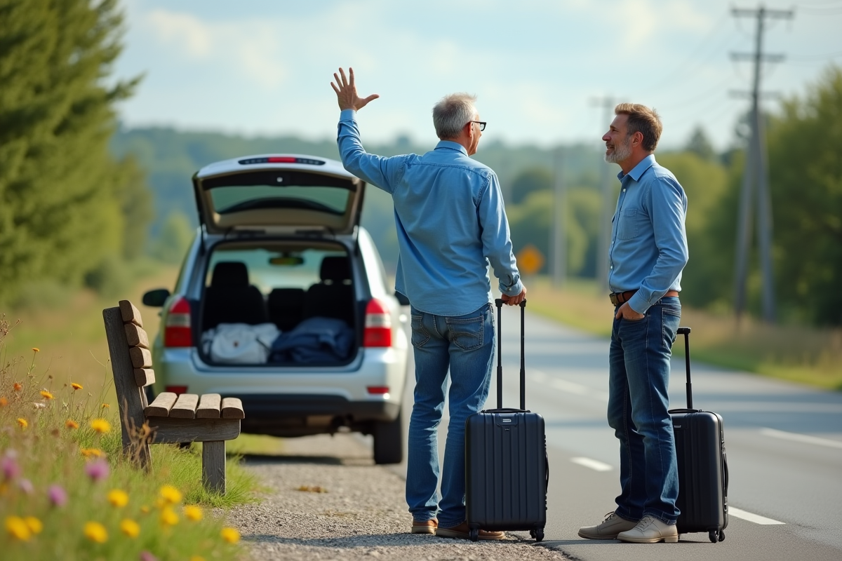Homme saluant ses compagnons de covoiturage sur une aire de repos rurale