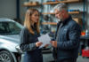 Réparations : assurance auto et prise en charge des frais, que dit votre contrat ? Homme d'âge moyen discutant avec une mécanicienne devant une voiture endommagée