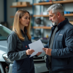Réparations : assurance auto et prise en charge des frais, que dit votre contrat ? Homme d'âge moyen discutant avec une mécanicienne devant une voiture endommagée