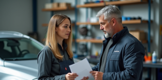 Réparations : assurance auto et prise en charge des frais, que dit votre contrat ? Homme d'âge moyen discutant avec une mécanicienne devant une voiture endommagée