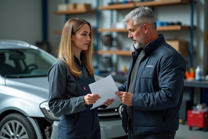 Homme d'âge moyen discutant avec une mécanicienne devant une voiture endommagée