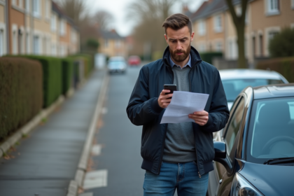 Homme inquiet avec documents devant voiture en banlieue