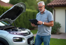 Homme inspectant le moteur d'une Citroën en extérieur