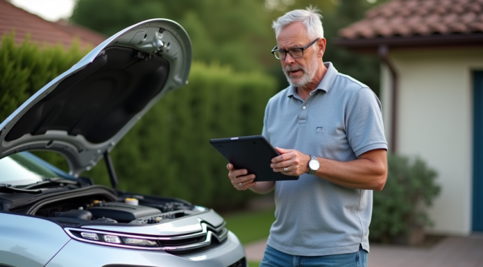 Impact du code P0299 sur les performances de votre Citroën Homme inspectant le moteur d'une Citroën en extérieur