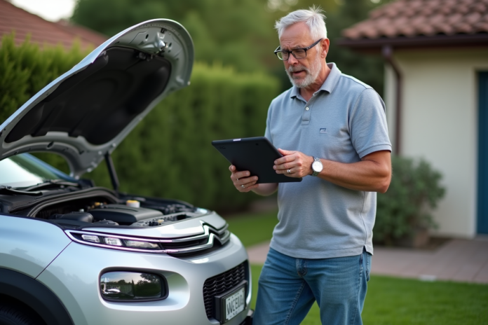 Homme inspectant le moteur d'une Citroën en extérieur