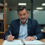 Récupérer permis après perte de points : démarches légales expliquées Homme d'âge moyen lisant un document officiel au bureau