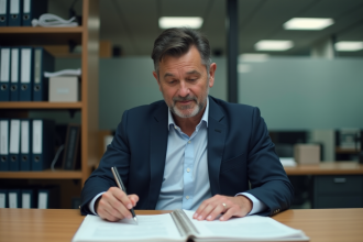 Homme d'âge moyen lisant un document officiel au bureau