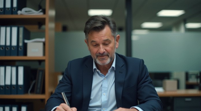 Récupérer permis après perte de points : démarches légales expliquées Homme d'âge moyen lisant un document officiel au bureau