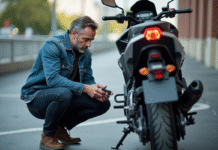 Homme en denim pose près d'une moto en ville
