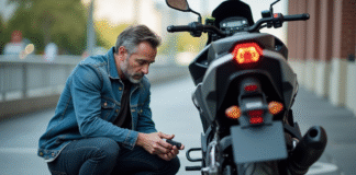 Homme en denim pose près d'une moto en ville
