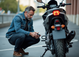 Traceur moto : où le placer pour une surveillance optimale de votre véhicule Homme en denim pose près d'une moto en ville