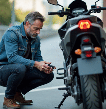 Traceur moto : où le placer pour une surveillance optimale de votre véhicule Homme en denim pose près d'une moto en ville