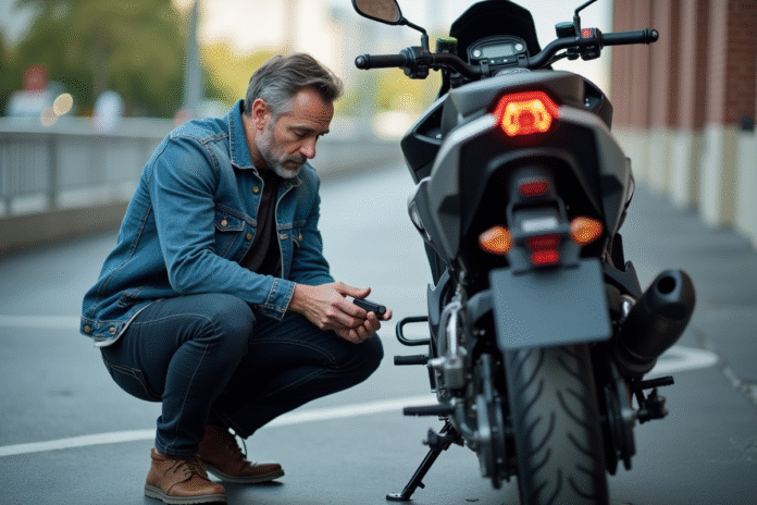 homme-moto-gps-urban Homme en denim pose près d'une moto en ville