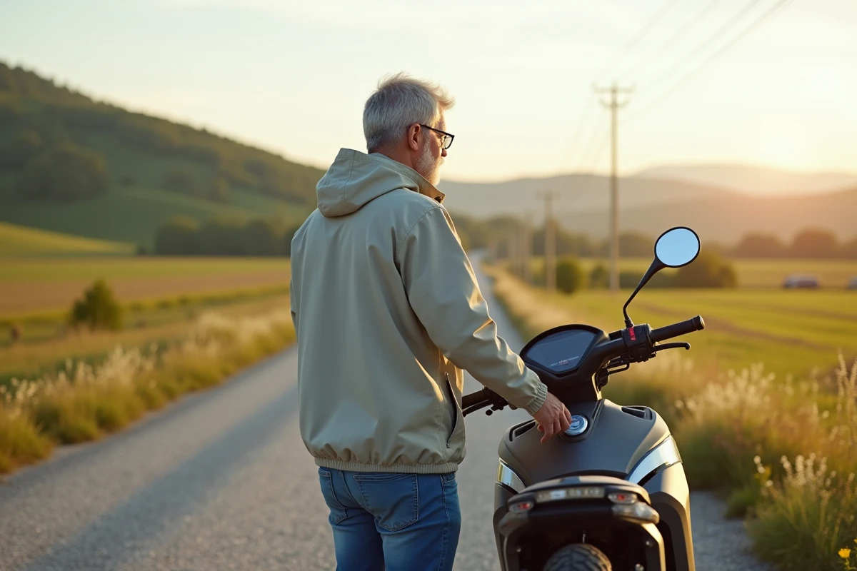 Homme examine les commandes de sa moto électrique en campagne