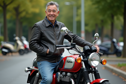 Homme d'âge moyen avec moto vintage en ville