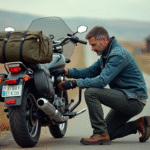 Charge maximale moto : est-ce que 450 livres sont trop lourdes ? Homme en denim vérifiant sa moto de voyage en pleine nature