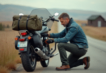 Homme en denim vérifiant sa moto de voyage en pleine nature