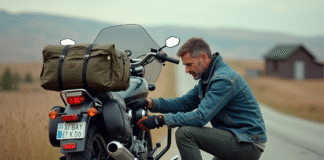 Homme en denim vérifiant sa moto de voyage en pleine nature