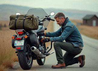 Charge maximale moto : est-ce que 450 livres sont trop lourdes ? Homme en denim vérifiant sa moto de voyage en pleine nature