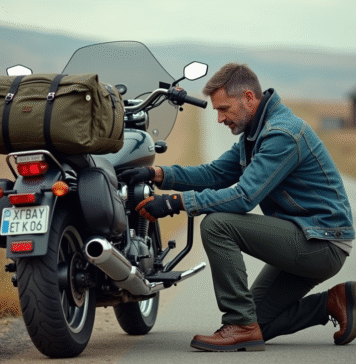 Charge maximale moto : est-ce que 450 livres sont trop lourdes ? Homme en denim vérifiant sa moto de voyage en pleine nature