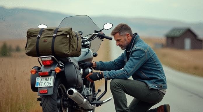 Charge maximale moto : est-ce que 450 livres sont trop lourdes ? Homme en denim vérifiant sa moto de voyage en pleine nature