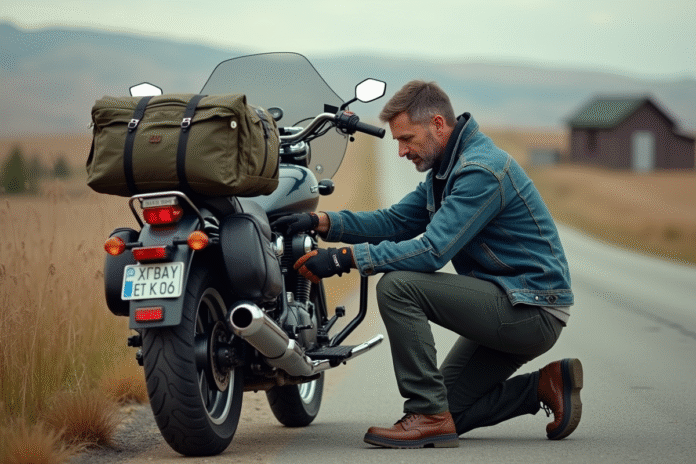 homme-moto-voyage-plein-air Homme en denim vérifiant sa moto de voyage en pleine nature