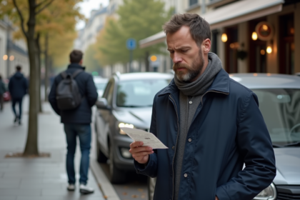 Homme français lisant un ticket de stationnement dans Paris