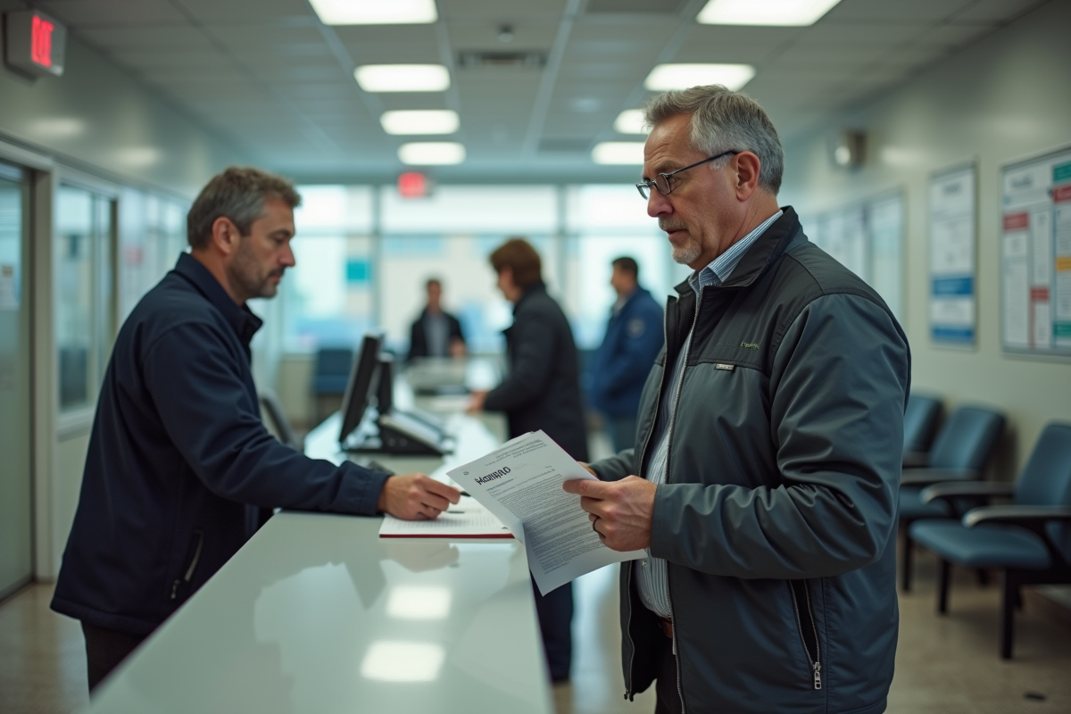 Homme patient au guichet administratif en ville