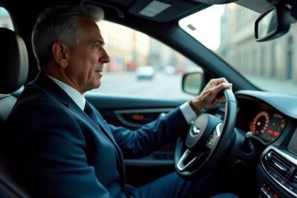 Homme d'affaires en costume dans une voiture moderne