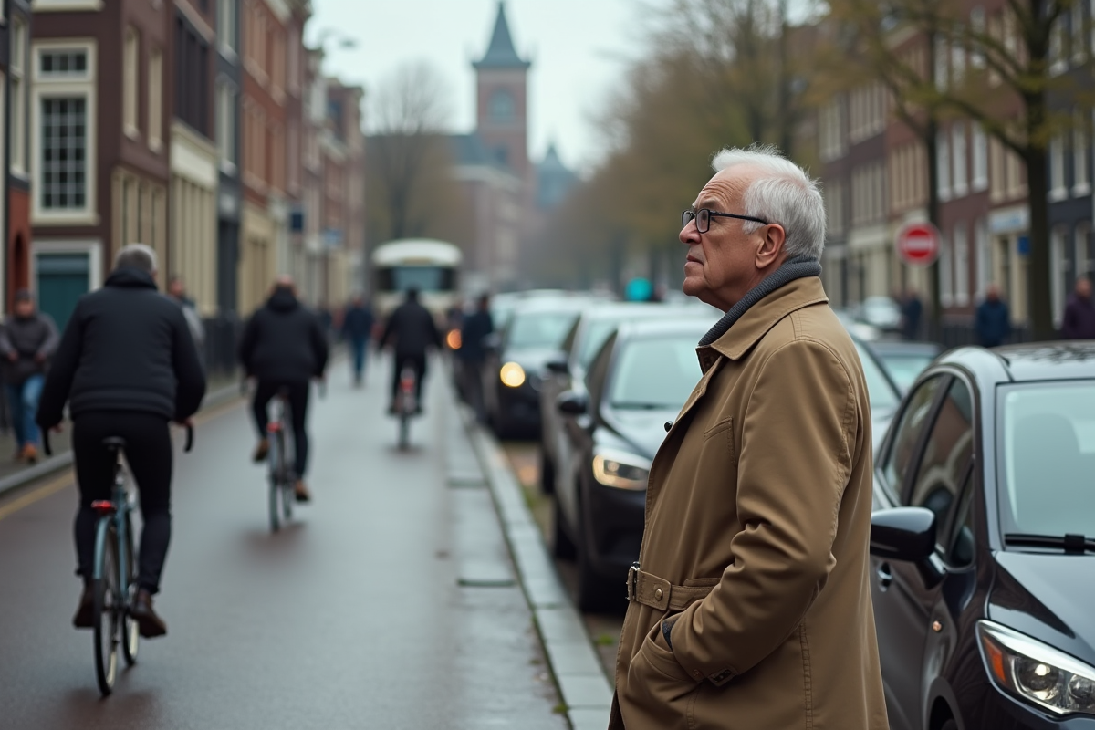 Homme âgé observant les cyclistes dans une rue centrale d