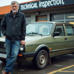 Homme d'âge moyen devant une voiture lors d'un contrôle technique
