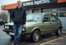 Homme d'âge moyen devant une voiture lors d'un contrôle technique