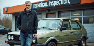 Homme d'âge moyen devant une voiture lors d'un contrôle technique