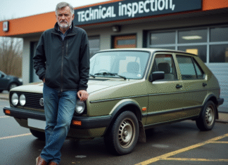Homme d'âge moyen devant une voiture lors d'un contrôle technique