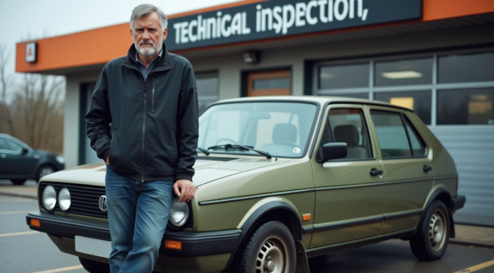 Homme d'âge moyen devant une voiture lors d'un contrôle technique